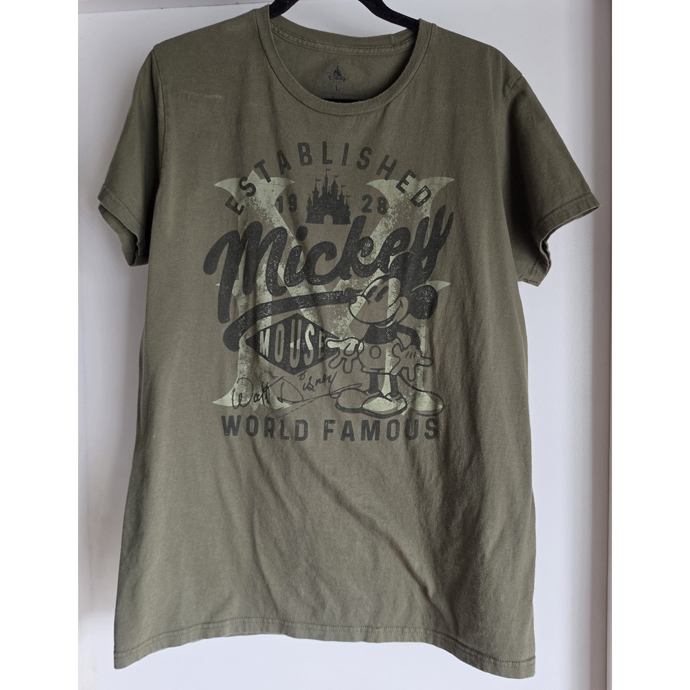 Disney T-Shirt Large Green Mickey Mouse Cotton Crew Neck Short Sleeve Tee Top